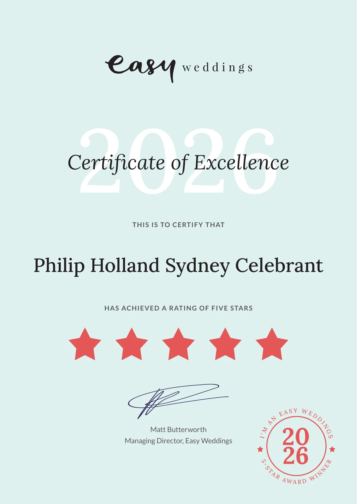 Easy Weddings 2026 Certificate of Excellence awarding Philip Holland Sydney Celebrant a five-star rating