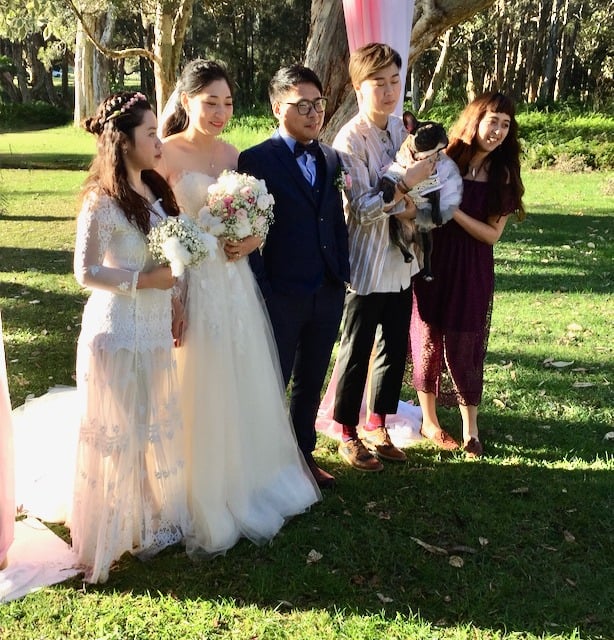 Chinese Bride and groom with their wedding party outdoors after the ceremony at Centennial Park Sydney NSW