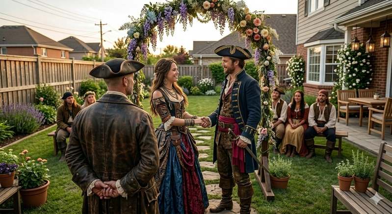 Illustration of a pirate-themed backyard wedding ceremony